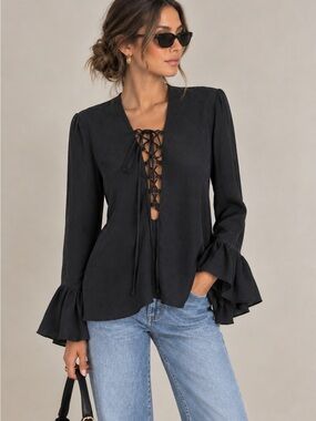Stone Cold Fox Silk Black Lace Up Bell Sleeve Boho Blouse size 2